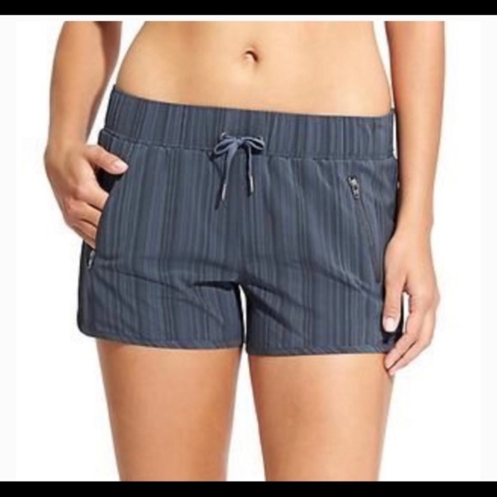 ATHLETA Striped Sway Athletic Shorts in Navy Blue